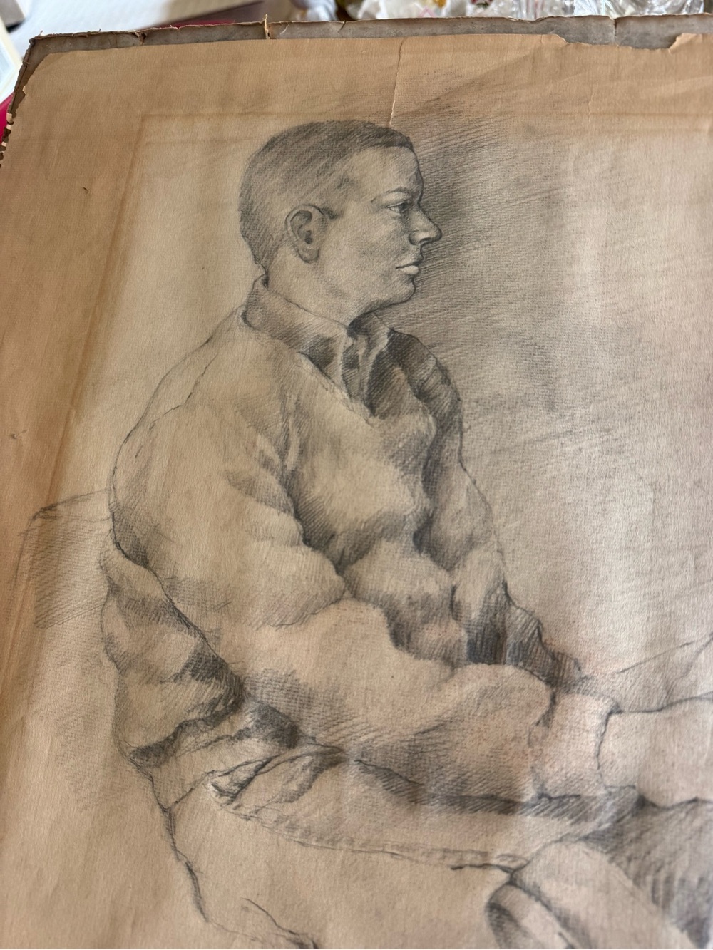 Gary Shirt Hand-Drawn Charcoal Portrait Art Print in Neutral Tones.  Signed